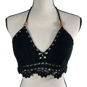 Bear Dance Crochet Bralette Top Black Beaded Boho Small
